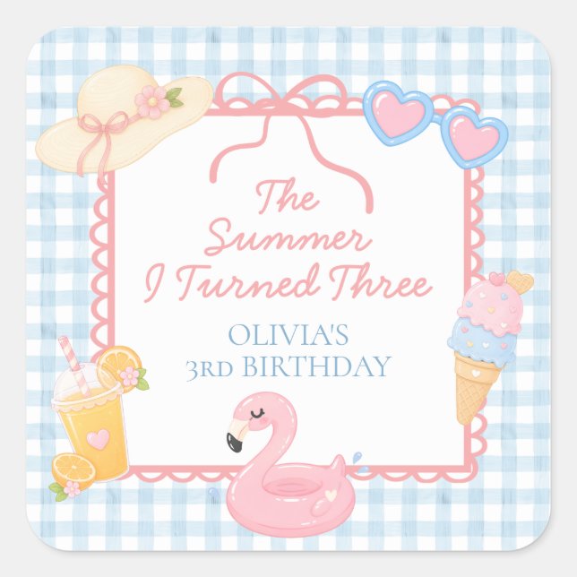 The Summer I Turned three coastal 3rd Birthday Square Sticker (Front)
