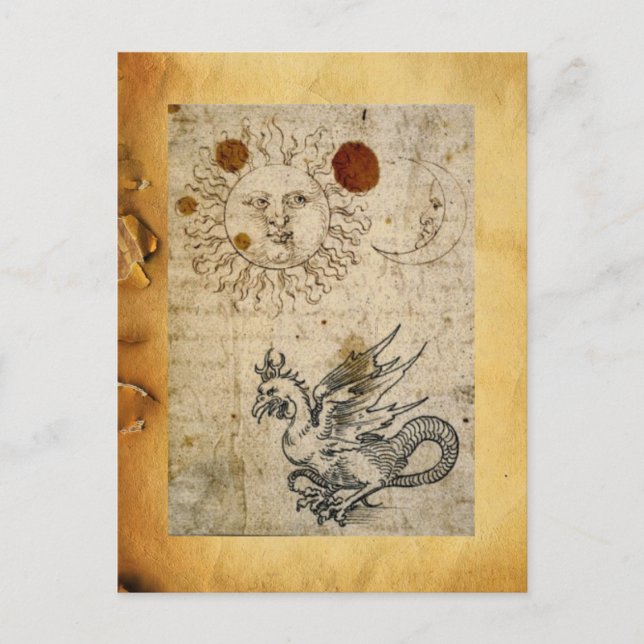 THE SUN ,MOON AND BASILISK ANTIQUE PARCHMENT POSTCARD (Front)