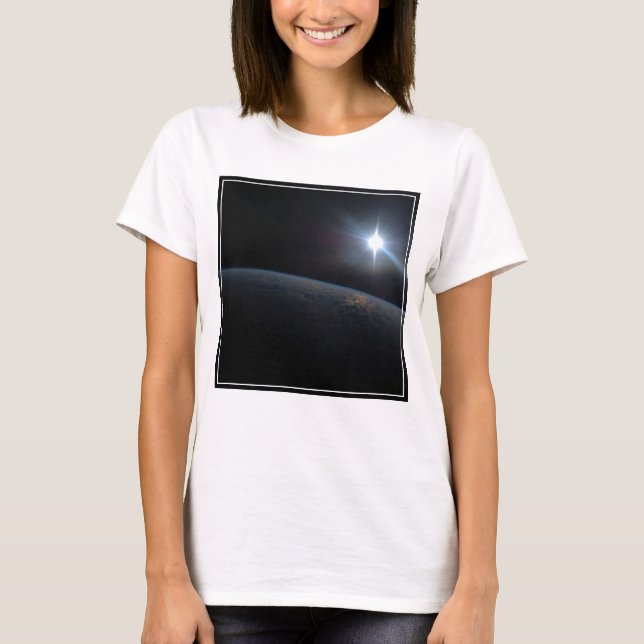 The Sun Setting Over Earth's Horizon. T-Shirt (Front)