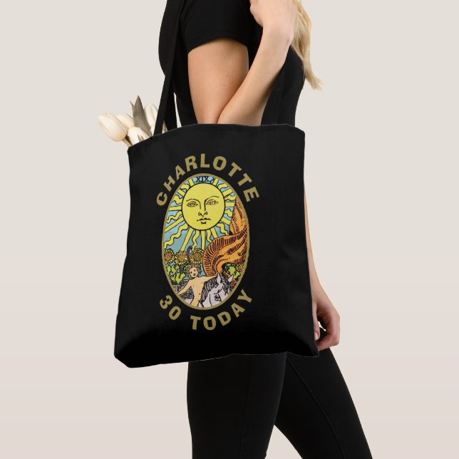 The Sun Tarot Card | 30th Birthday Black Name Tote Bag (Close Up)
