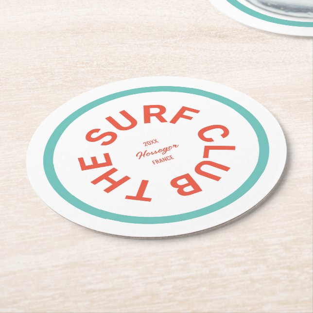 The Surf Club Blue Crest Turquoise Stripe Round Paper Coaster (Angled)