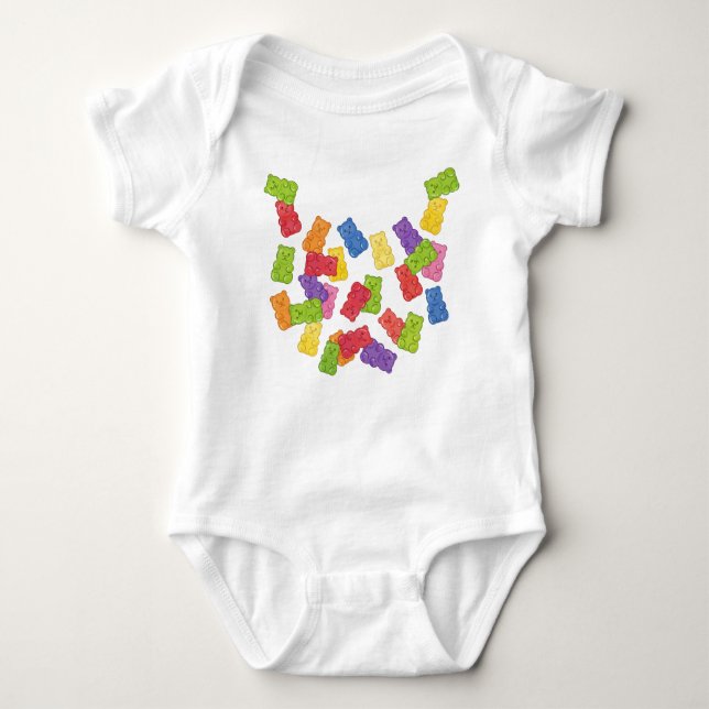 The Sweetest Bib" - Falling Rainbow Gummy Bear Nec Baby Bodysuit (Front)