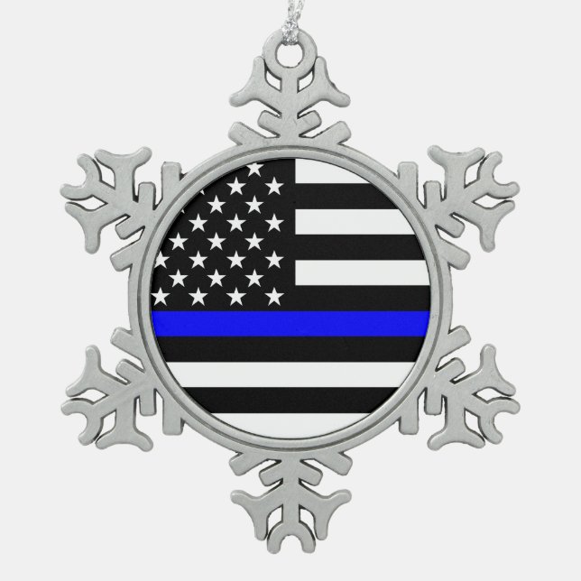The Symbolic Thin Blue Line American Flag Snowflake Pewter Christmas Ornament (Front)