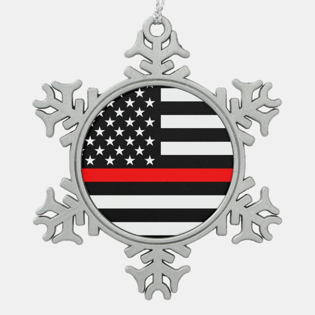 The Symbolic Thin Red Line American Flag on a Snowflake Pewter Christmas Ornament (Front)