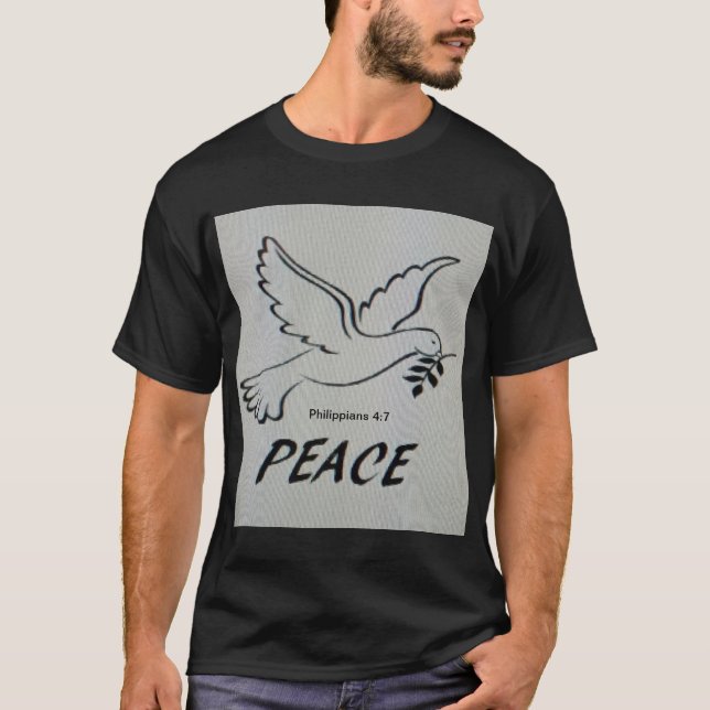 The T-Shirt has a peace dove and scripture. (Front)