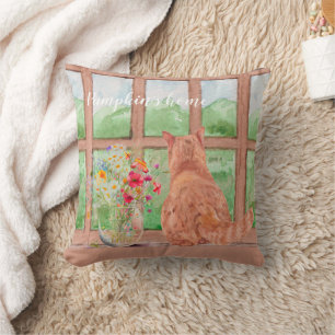 The Tabby Cat at the Window Scenic Serene Flowers Cushion