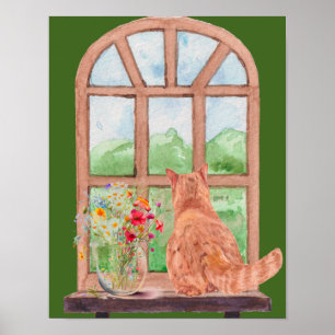 The Tabby Cat at the Window Scenic Serene Flowers Poster