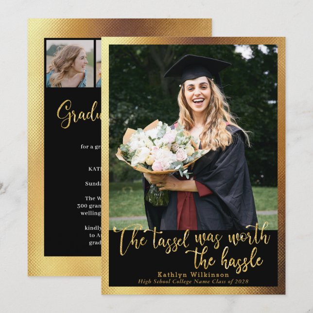 The Tassel was Worth the Hassle Gold 4 Photo Grad Invitation (Front/Back)