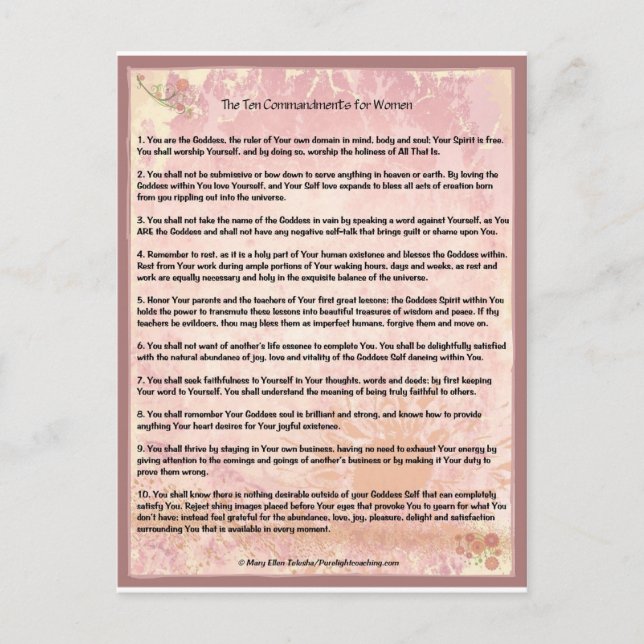 The Ten Commandments for Women Postcard (Front)