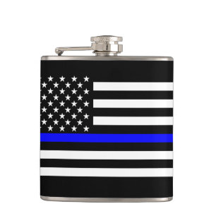The Thin Blue Line Black and White US flag Hip Flask
