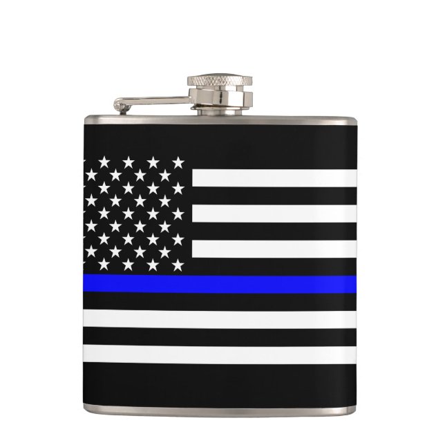 The Thin Blue Line Black and White US flag Hip Flask (Front)
