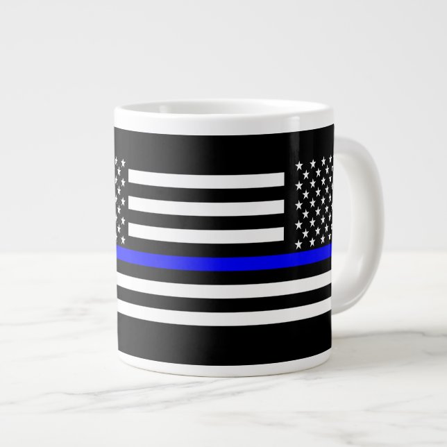 The Thin Blue Line Black and White US flag Large Coffee Mug (Front Right)
