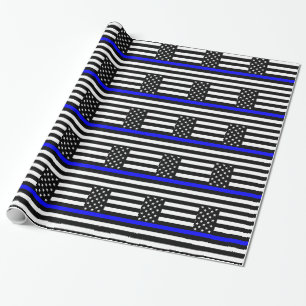 The Thin Blue Line Black and White US flag Wrapping Paper