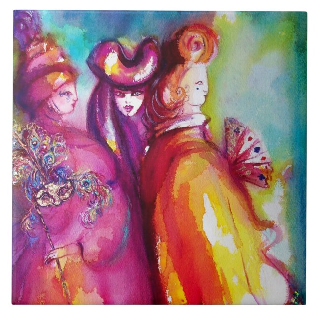 THE THIRD MASK  Venetian Masquerade Watercolor Ceramic Tile (Front)