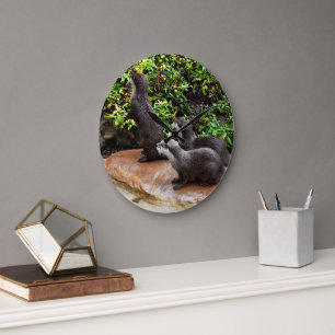 **"The Three Musketeers: Trio of Small Grey Otters Large Clock