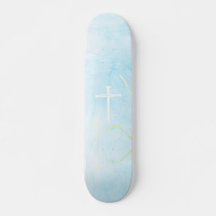 The Three Nails Cross Blue Marble Christian Skateboard