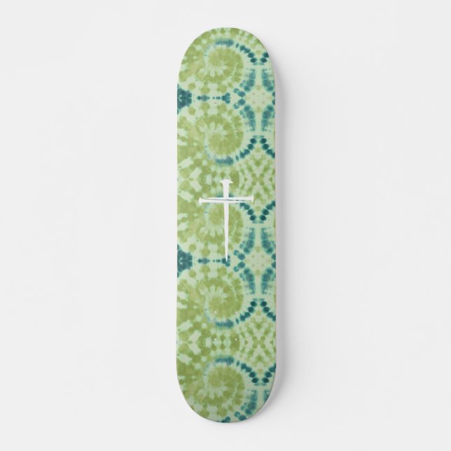 The Three Nails Cross Green Tie Die Christian Skateboard (Front)