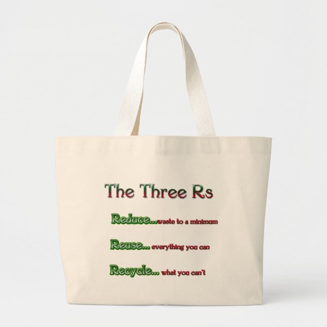 The Three Rs, Reduce, Reuse, Recycle Large Tote Bag (Front)