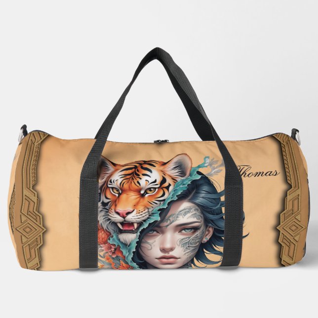 The tiger and the woman, strength and grace.  duffle bag (Front)