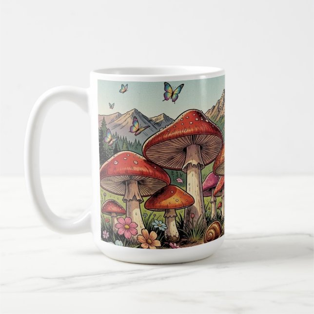 The Toadstool Village Beneath the Mountains Coffee Mug (Left)