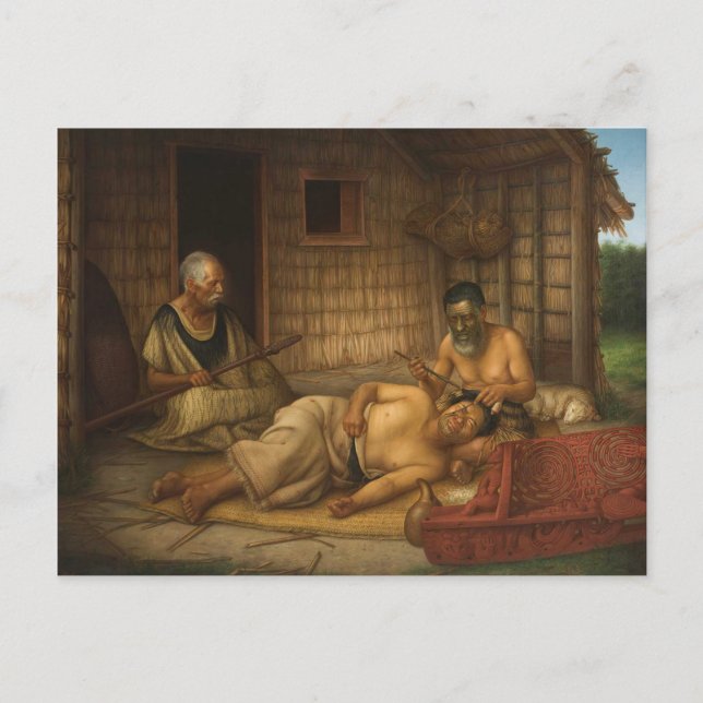 'The Tohunga-ta-moko at Work' - G. Lindauer Postcard (Front)