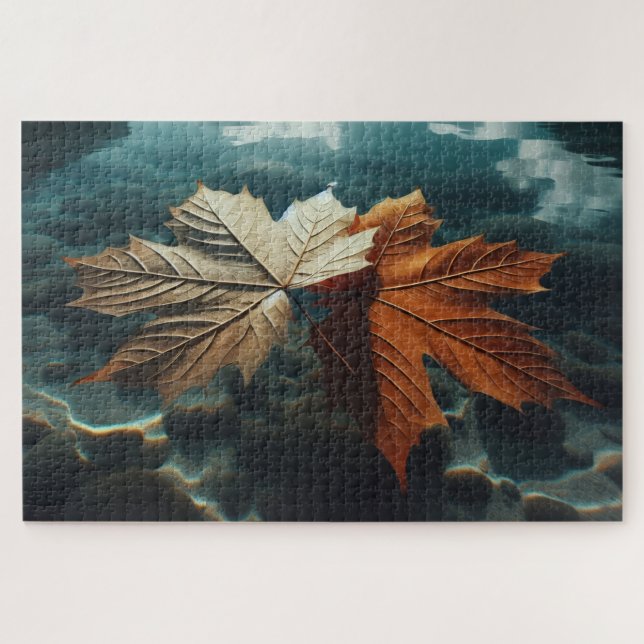The tranquil dance of autumn leaves in cool waters jigsaw puzzle (Horizontal)