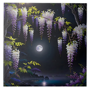 The tranquil Japanese art of Wisteria tree with bl Ceramic Tile