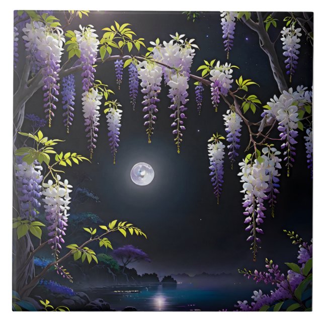 The tranquil Japanese art of Wisteria tree with bl Ceramic Tile (Front)