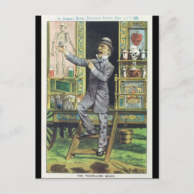 "The Travelling Quack" Snake Oil Salesman Postcard (Front)