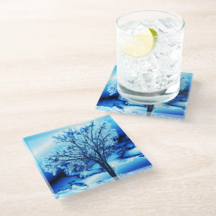 The Tree in Ice Blue Glass Coaster