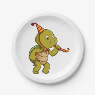the turtle celebrating the birthday and blowing th paper plate
