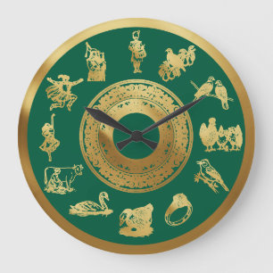 The Twelve Days of Christmas Green Large Clock
