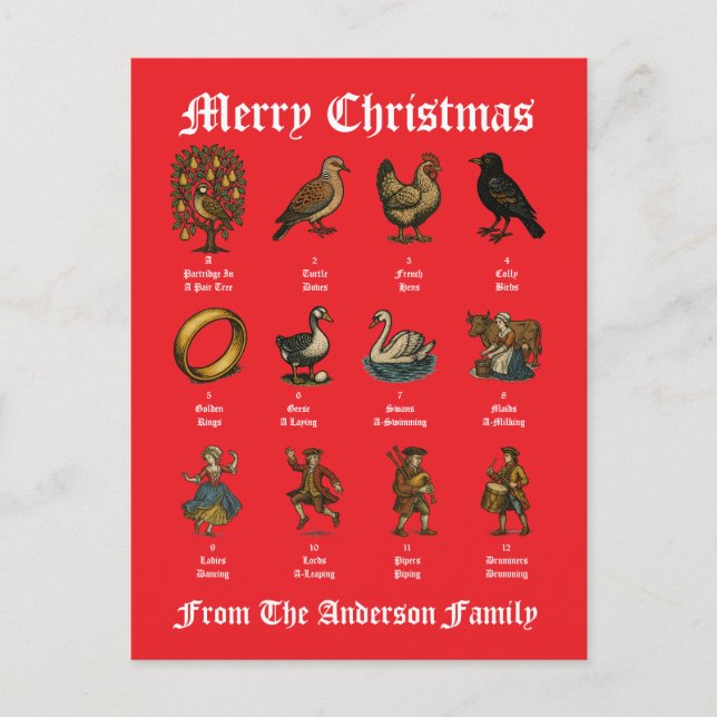 The Twelve Days Of Christmas Holiday Postcard (Front)