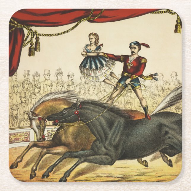 The Two Horse Act, Circus Performance, Circa 1874. Square Paper Coaster (Front)