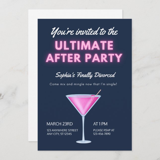 The Ultimate Afterparty Neon Martini Divorce Party Invitation (Front/Back)