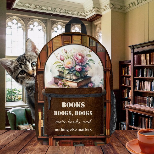 The Ultimate Bookworm Printed Backpack (Backpack featuring vintage watercolor books and flowers on shelves with books with brown leather)