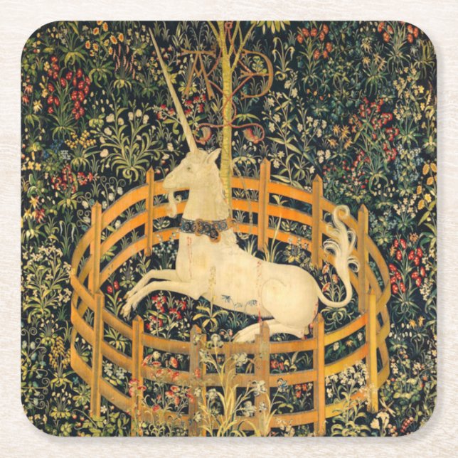 The Unicorn in Captivity Square Paper Coaster (Front)