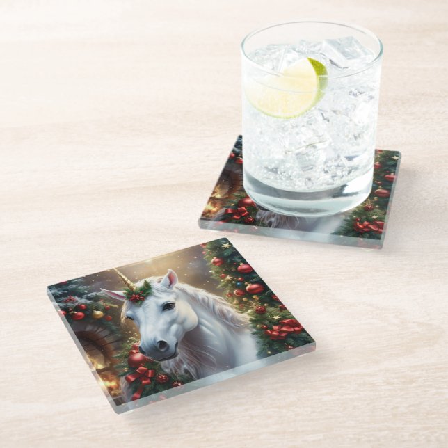 “The Unicorn of Noel” Glass Coaster (Angled)