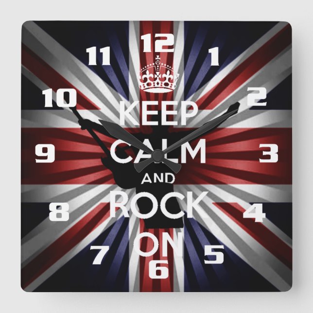 The union Jack and Keep calm and Rock On Square Wall Clock (Front)