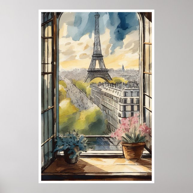The view of Paris, Eiffel Tower and Louvre Poster (Front)