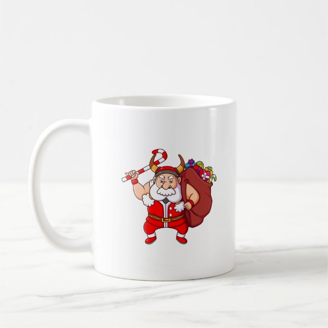the viking santa claus is holding the candy cane a coffee mug (Left)
