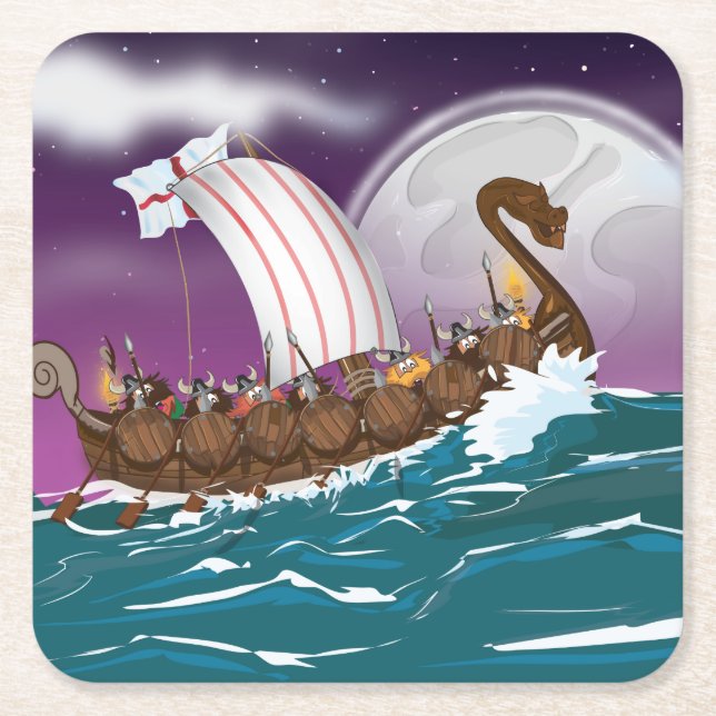 The Viking Ship Cartoon Square Paper Coaster (Front)