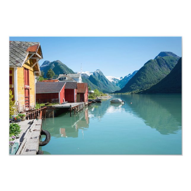 The village of Fjærland and a fjord, Norway print (Front)
