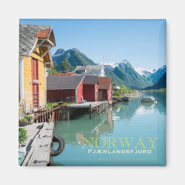 The village of Fjærland, Norway square text magnet (Front)