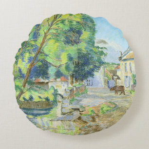 The Village (pastel on paper) Round Cushion