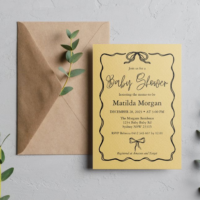 The Vintage Yellow Black Bow Baby Shower  Invitation (Creator Uploaded)