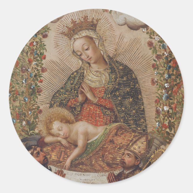 The Virgin Adoring the Christ Child Christmas Classic Round Sticker (Front)