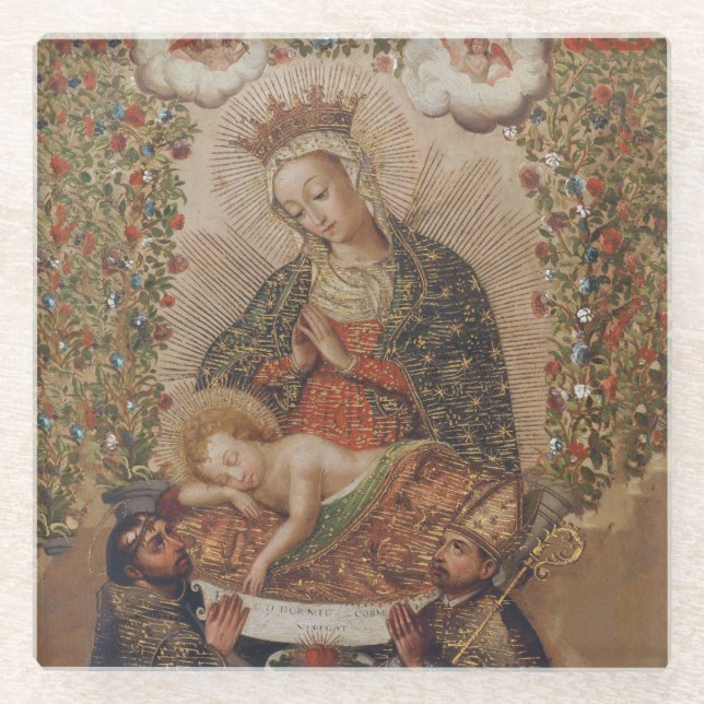 The Virgin Adoring the Christ Child Christmas Glass Coaster (Front)