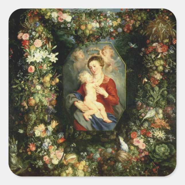 The Virgin and child in a garland of fruit and flo Square Sticker (Front)