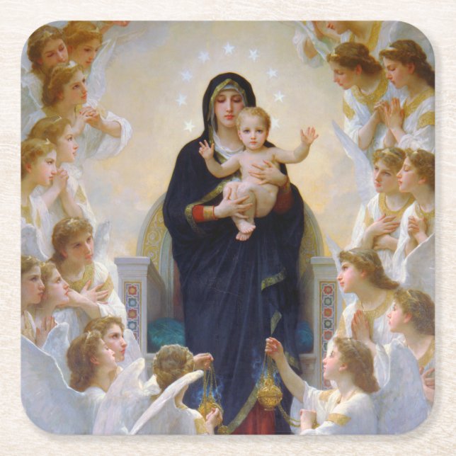 The Virgin with Angels, Bouguereau Square Paper Coaster (Front)